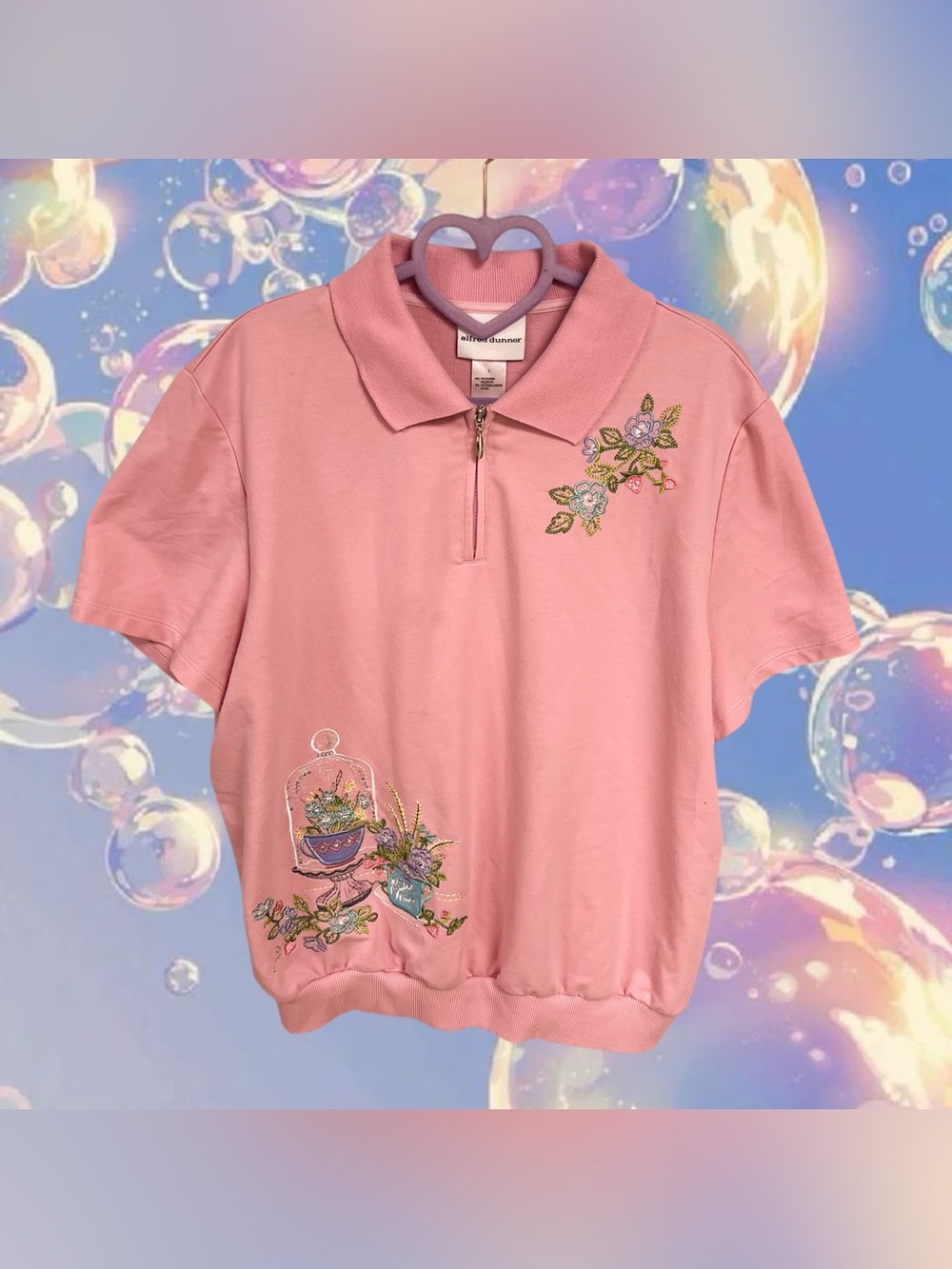 Vintage Alfred Dunner pink strawberry tea party zip up polo